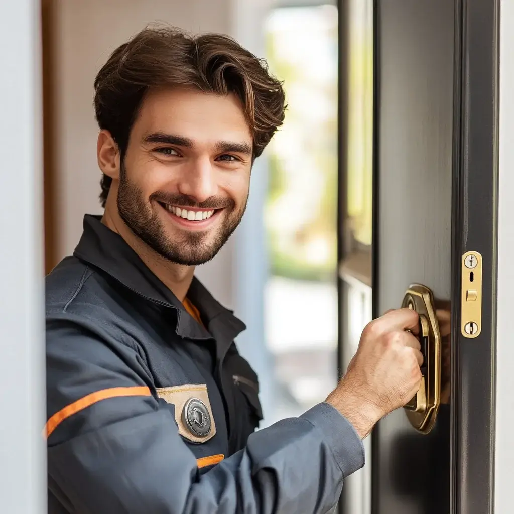 Ein lächelnder Schlosser vom Schlüsseldienst Ludwigsburg öffnet die Tür